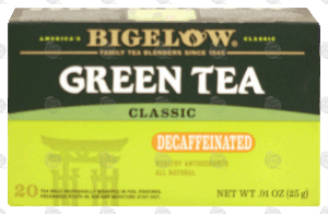 Bigelow green tea, naturally decaffeinated, bags 20 count