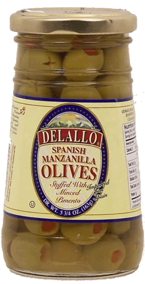 Delallo spanish manzanilla olives stuffed with minced pimento 5.75 ounce