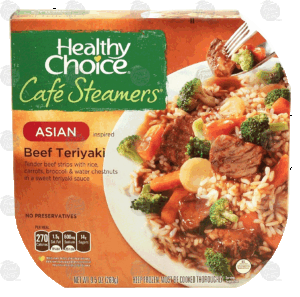 Healthy Choice Cafe Steamers asian, beef teriyaki; beef strips with rice, carrots, broccoli & water chestnuts 9.5 ounce