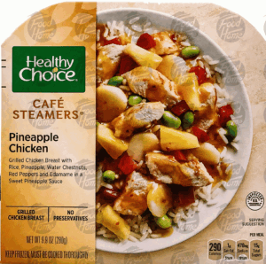 Healthy Choice Cafe Steamers pineapple chicken; with brown rice, pineapple, water chestnuts, red peppers, and edamame 9.9 ounce