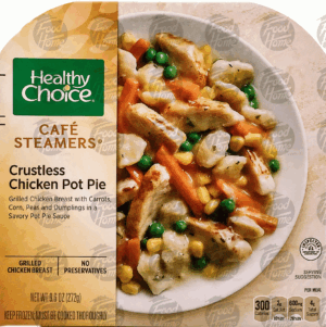 Healthy Choice Cafe Steamers top chef; crustless chicken pot pie with carrots, corn, peas and dumplings in a savory pot pie sauce 9.6 ounce