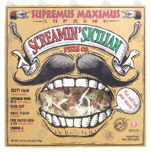 Screamin' Sicilian Supremus Maximus supreme pizza w/ tomato sauce, mozzarella, pepperoni, sweet italian sausage, onions, olives, peppers 25 ounce