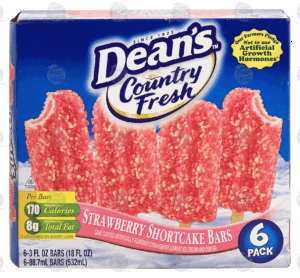 Dean's Country Fresh strawberry shortcake bars; cake coated strawberry lowfat ice cream and center, 6 pack 18 fluid ounce