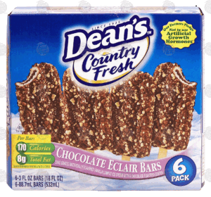 Dean's Country Fresh chocolate eclair bars; cake coated vanilla lowfat ice cream w/chocolate flavored center, 6 pack 18 fluid ounce