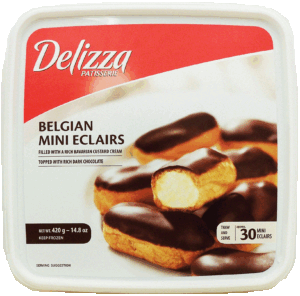 Delizza belgian mini eclairs filled with a rich bavarian custard cream topped with real belgian chocolate,30 14.8 ounce