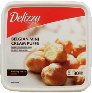 Delizza belgian mini cream puffs filled with fresh whipped cream. 30-count 13.2 ounce