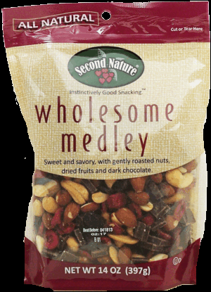 Second Nature wholesome medley roasted lightly salted nuts, dried fruits and dark chocolate chunks 14 ounce