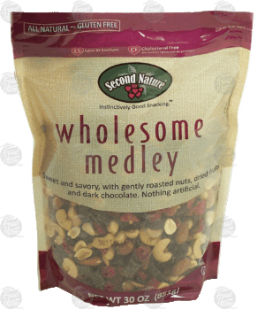 Second Nature wholesome medley dark chocolate chunks, roasted and salted peanuts, almonds, cashews, red cherries, and cranberries 30 ounce