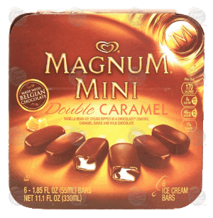 Magnum Mini double caramel; vanilla bean ice cream dipped in a chocolatey coating, caramel sauce & chocolate, 6 11.1 fluid ounce
