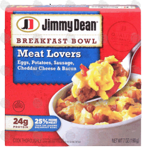 Jimmy Dean Breakfast Bowl meat lovers; eggs, potatoes, sausage, cheddar cheese & bacon 7 ounce