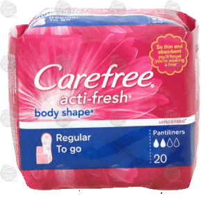 Carefree acti-fresh body shape; pantiliners, unscented, regular to go 20 count