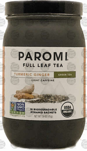 Paromi Tea turmeric ginger full leaf green tea, ligh caffeine, 15 biodegradable pyramid sachets 1.6 ounce