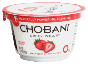 Chobani non-fat greek yogurt, strawberry on the bottom 5.3 ounce