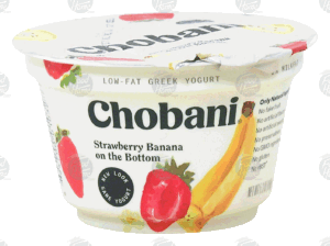 Chobani low-fat greek yogurt, strawberry banana on the bottom 5.3 ounce
