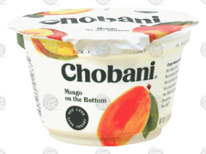 Chobani greek yogurt mango on the bottom, 2% milk fat 5.3 ounce