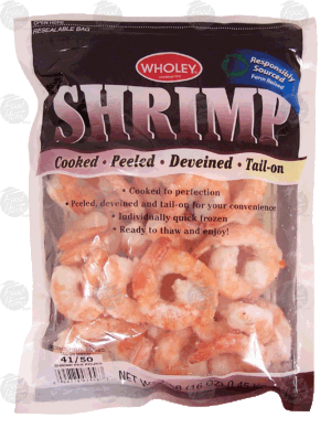 Wholey responsibly sourced farm raised shrimp, cooked, peeled, deveined, tail-on, 41-50 per pound 1 pound