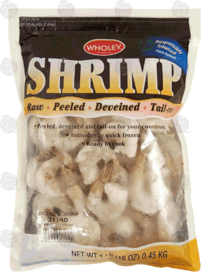 Wholey raw shrimp, peeled, deveined and tail on, 31/40 per pound 1 pound