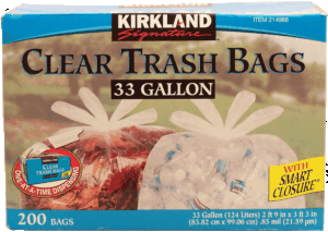 Kirkland Signature clear trash bags with smart closure, 33 gallon 200 count