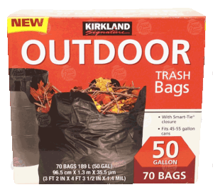 Kirkland Signature trash bags, outdoor, tie closure, 45-55 gallon cans 70 count